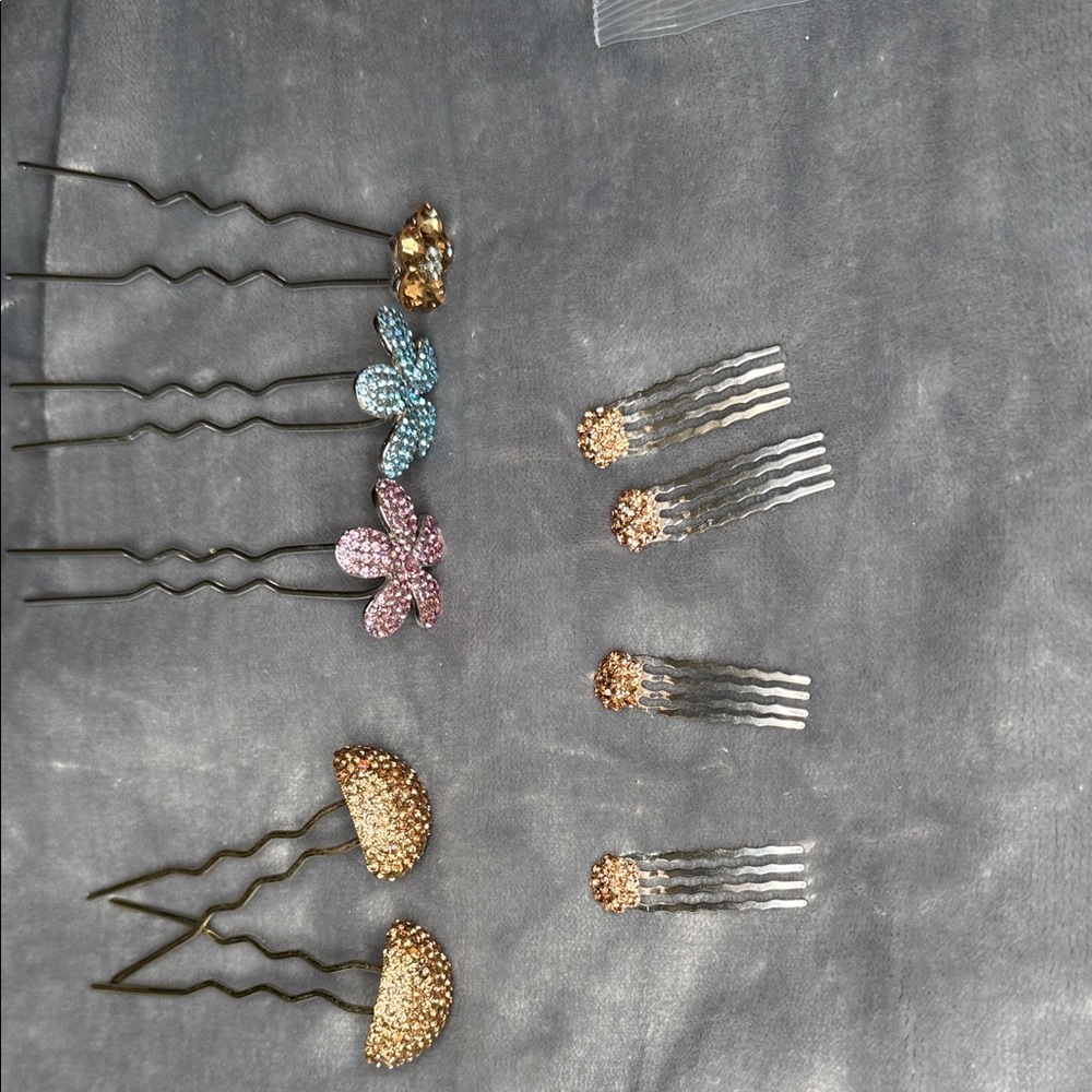 Crystal Flower & Gold Hair Pin Set - Multicolor